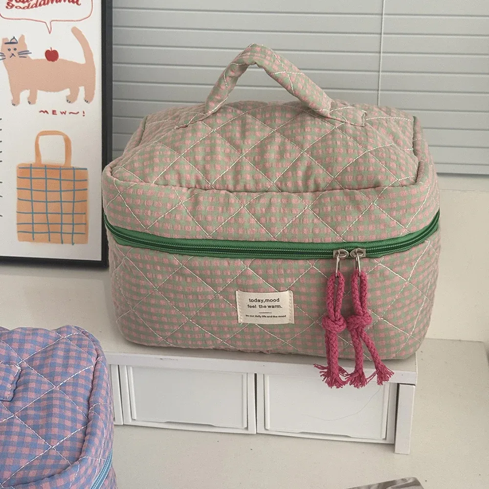 trousse polyester décontractée plaid violet rose orange bleu beige noir géométrique voyage cosmétique toile douce