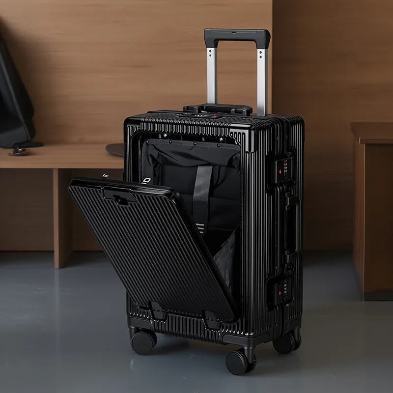 valise de voyage ko-ku nouvelle version avec ouverture frontale, compartiment pour ordinateur portable, cadre en aluminium 20-28, et porte-gobelet