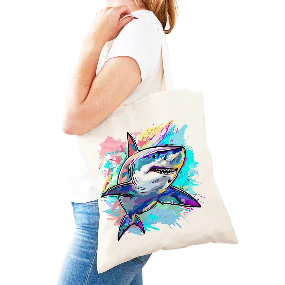 sac fourre-tout léger pour femme, motif baleine, dauphin, monde marin, sac de shopping pour fille, sac à main double impression monde des requins, sacs de shopping pour femme