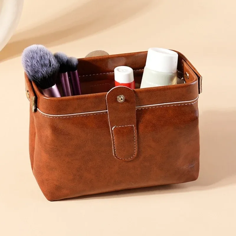 sac à cosmétiques en cuir pu pour femmes, grande capacité, étanche, trousse de maquillage vintage, couleur unie, sac de rangement pour cosmétiques, porte-monnaie