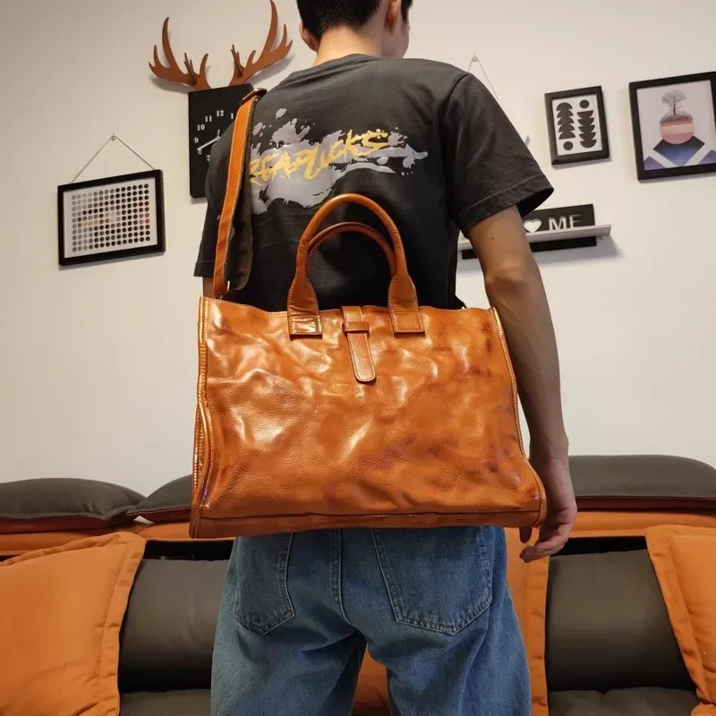 porte-documents vintage simple en cuir véritable pour hommes, mallette d'affaires décontractée de styliste de luxe en cuir de vache véritable, sac à main de travail pour ordinateur portable, sacoche