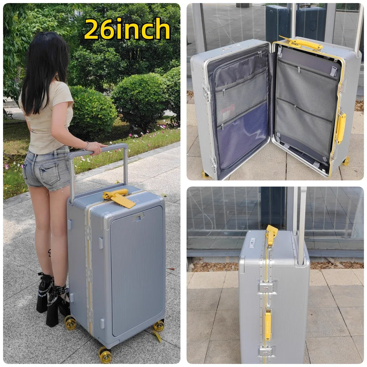 valise à roulettes de poche à ouverture avant, cadre en aluminium, valise à roulettes à poignée large avec roues silencieuses colorées et prise de chargement usb