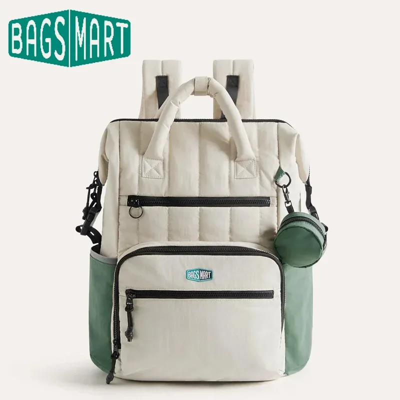 sac dos polyester beige accents verts poches multiples grande capacité maternité sorties mains libres bébé ordinateur portable