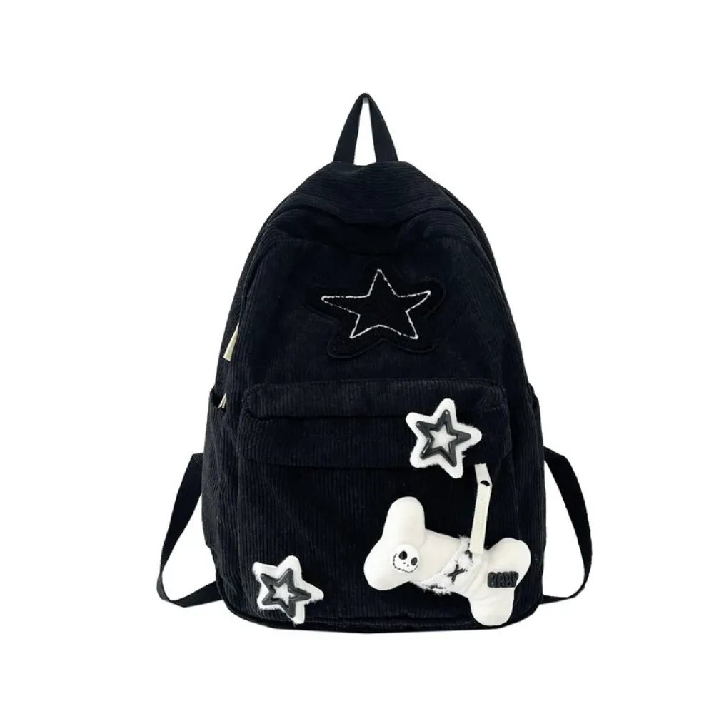 sac à dos coréen y2k harajuku en velours côtelé avec patch étoile noir et blanc, style gothique, poupée tête de mort, mignon, streetwear japonais, pour étudiantes et adolescentes