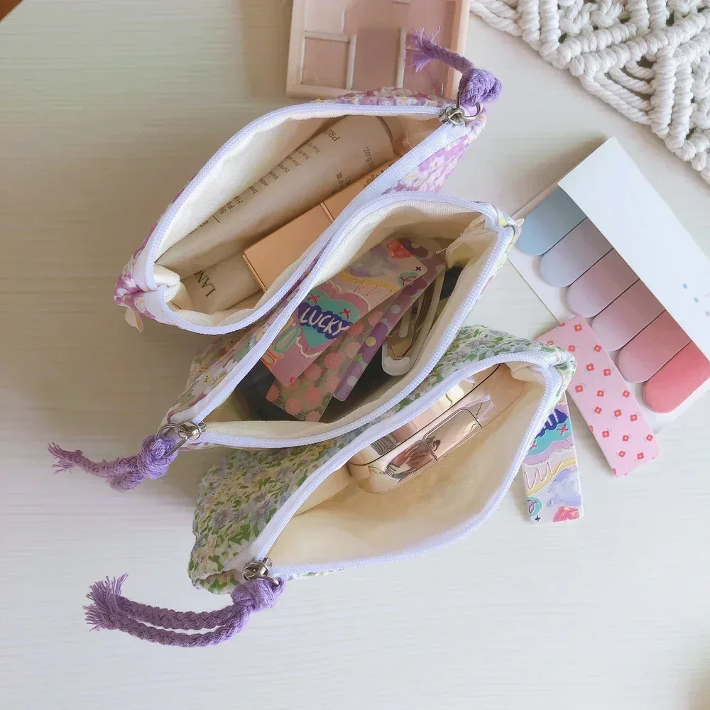 petite trousse de maquillage cosmétique pour femmes et filles, mini sacs à fleurs en coton, trousse de maquillage rouge à lèvres, sac à main pour enfants, trousse à poudres à monnaie