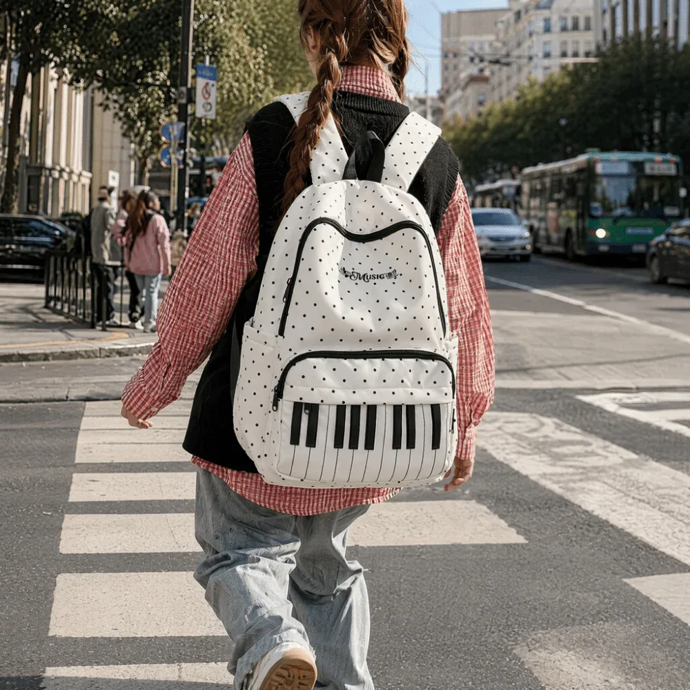 sac à dos en nylon à pois, color-block, mignon, grande capacité, durable, style preppy, motif touches de piano, pour l'école et l'université
