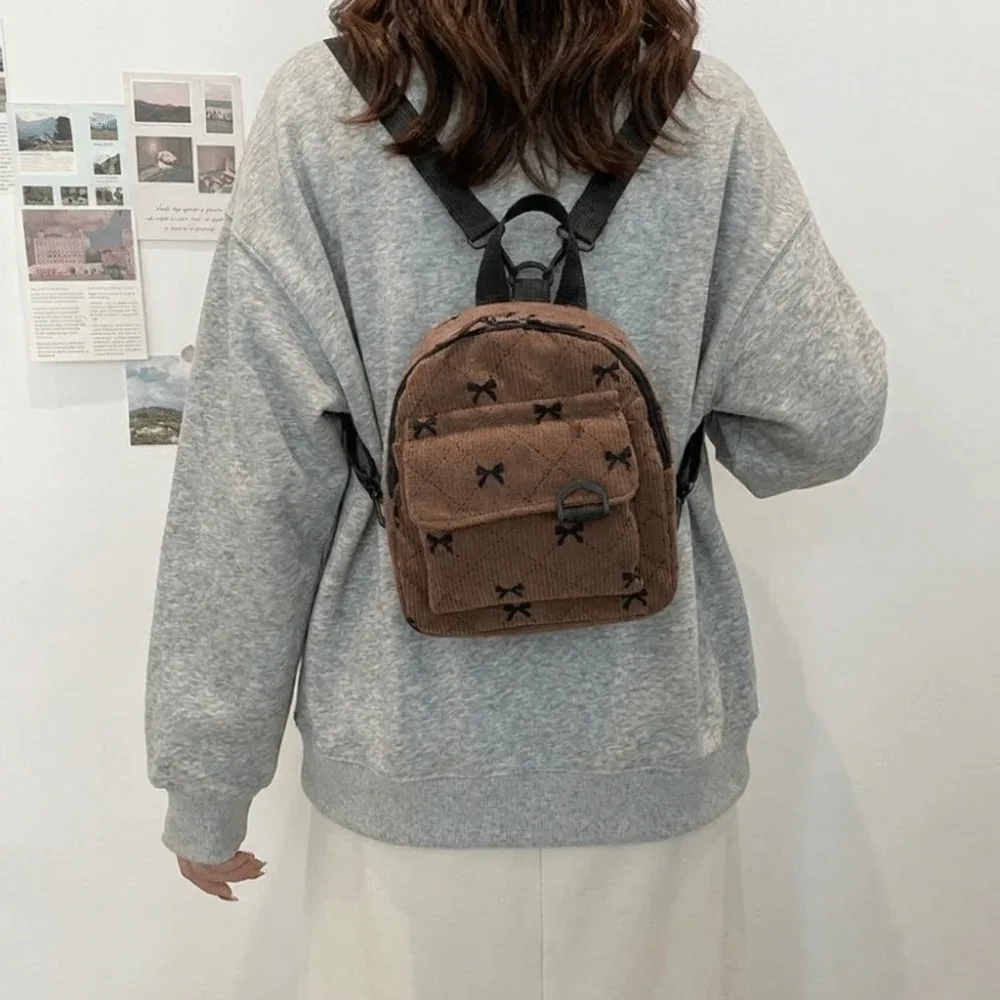 mini sac à dos en velours côtelé avec nœud imprimé, sac à bandoulière léger, sac de rangement cosmétique multi-couches, sac à dos quotidien