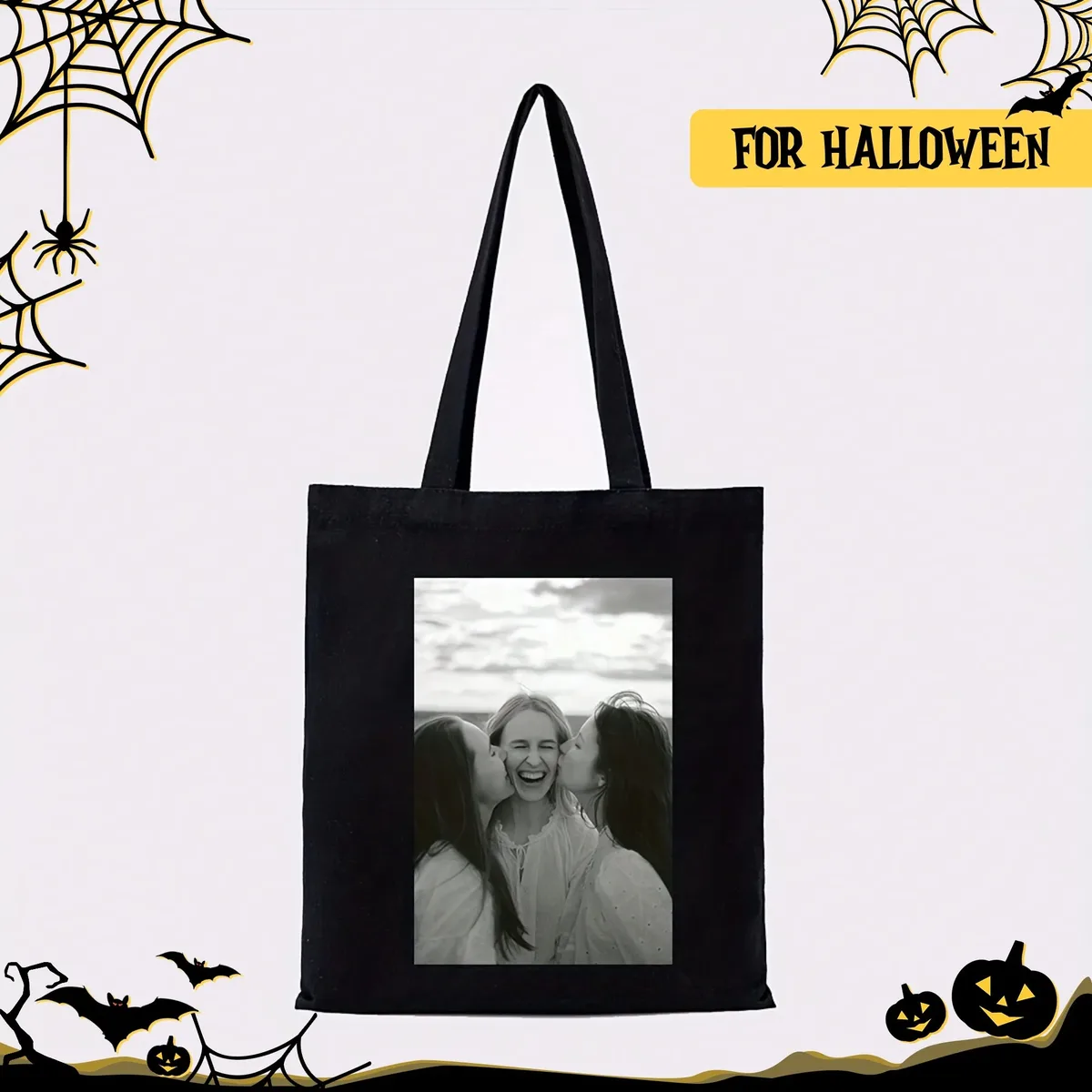 sac fourre-tout noir personnalisable avec design sur mesure – cadeau idéal pour halloween, noël, thanksgiving – sac à bandoulière