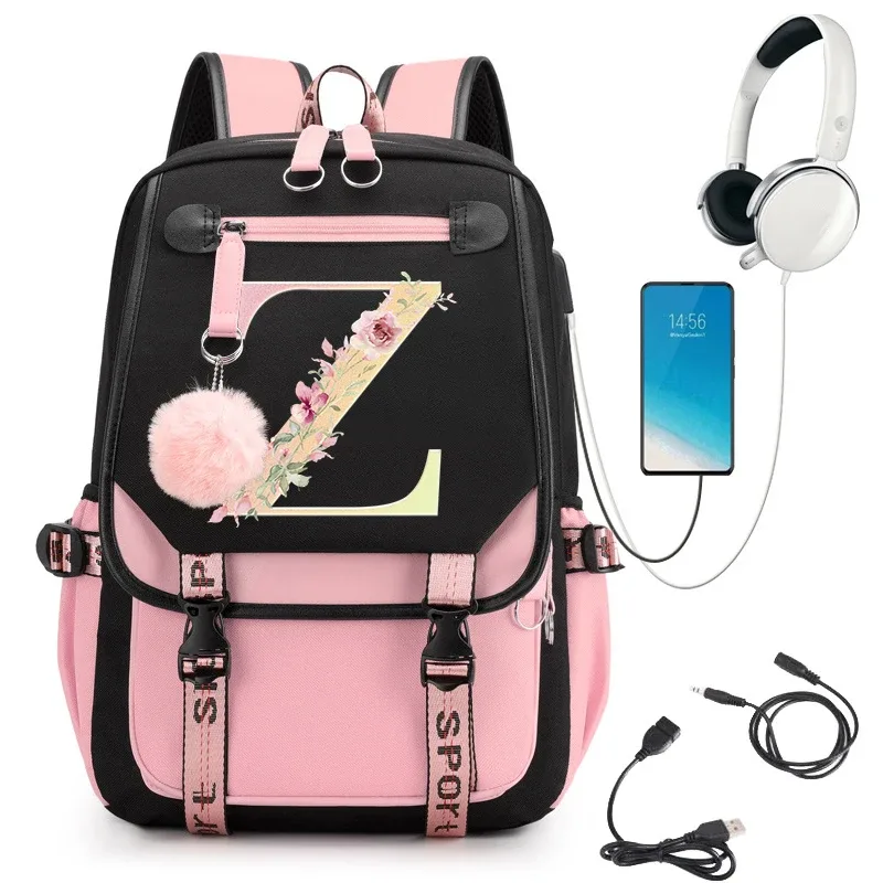 sac à dos rose graphique or imprimé lettre fleur a-z alphabet épaule sac adolescente mode fille sac à dos lycée sacs à dos