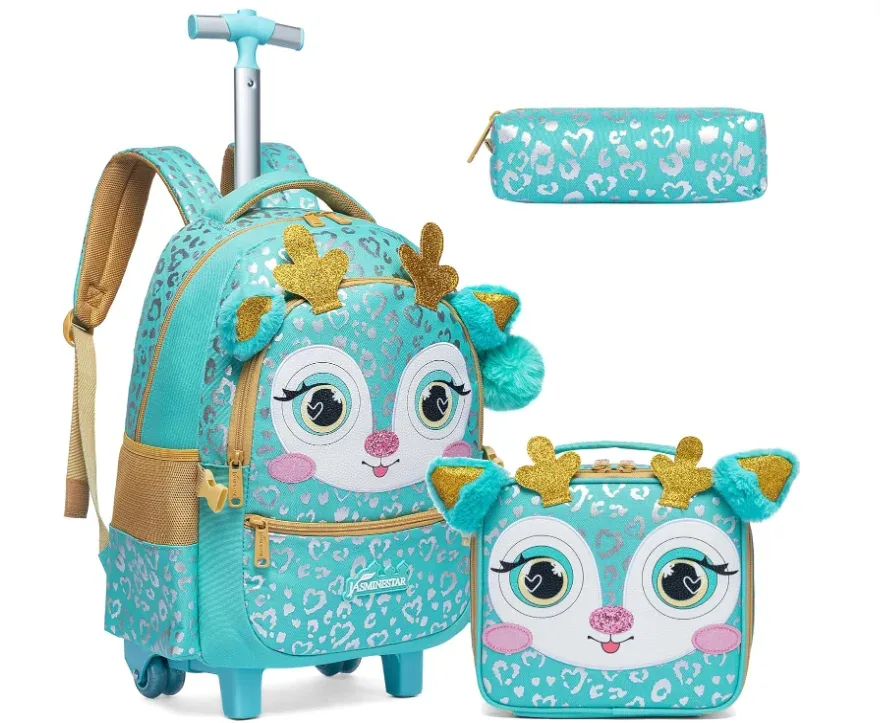 sac à dos de voyage pour enfants, sac à dos d'école à roulettes pour filles, bagages de voyage 3 en 1, valise à main avec sac à déjeuner