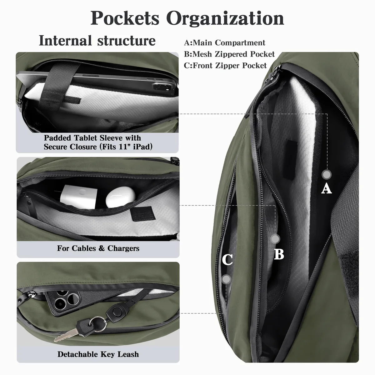 sac à bandoulière d'extérieur pour hommes, sac de poitrine à la mode, sac à dos de sport avec poche pour bouteille d'eau, convient pour tablette de 11 pouces