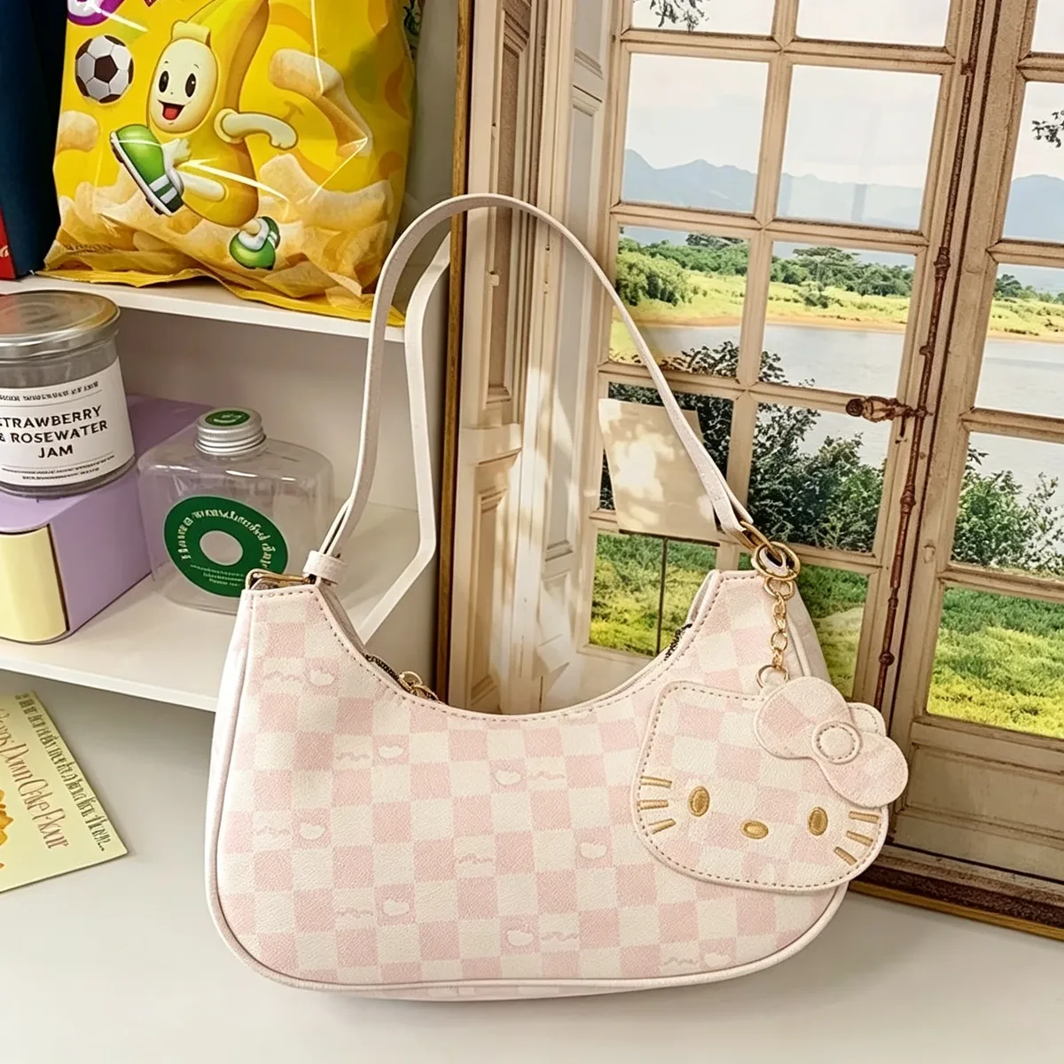 sac à main pour femmes y2k, mignon, à porter sous le bras ou à l'épaule, motif à carreaux, en cuir pu, sac hobo avec pendentif de dessin animé, sac à main quotidien tendance pour filles.