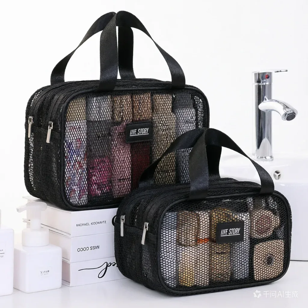 sac de maquillage de voyage en maille double couche, pochette cosmétique à grande capacité, organisateur pliable pour les articles de toilette des femmes en vacances
