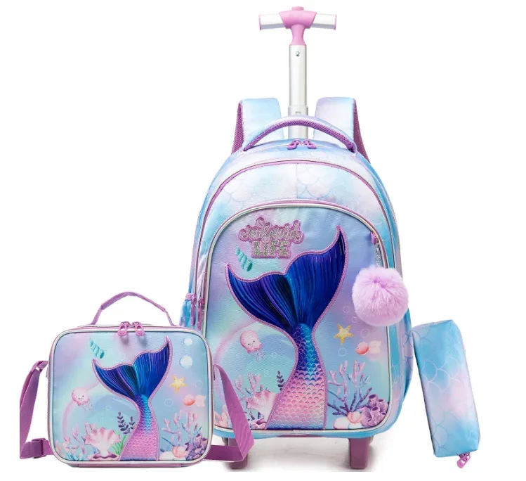 valise sac dos rose queue sirène motif multicolore poignée roue transport enfant déplacement école lunch stylos femmes
