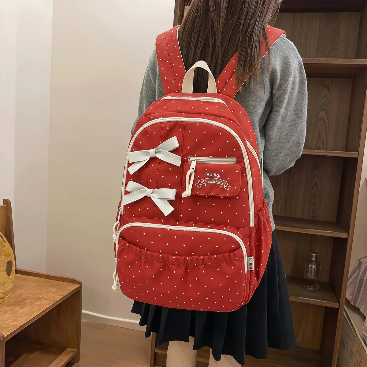 sac mignon et kawaii pour filles, sac à dos esthétique à pois et nœud, léger, multi-compartiments, bretelles respirantes