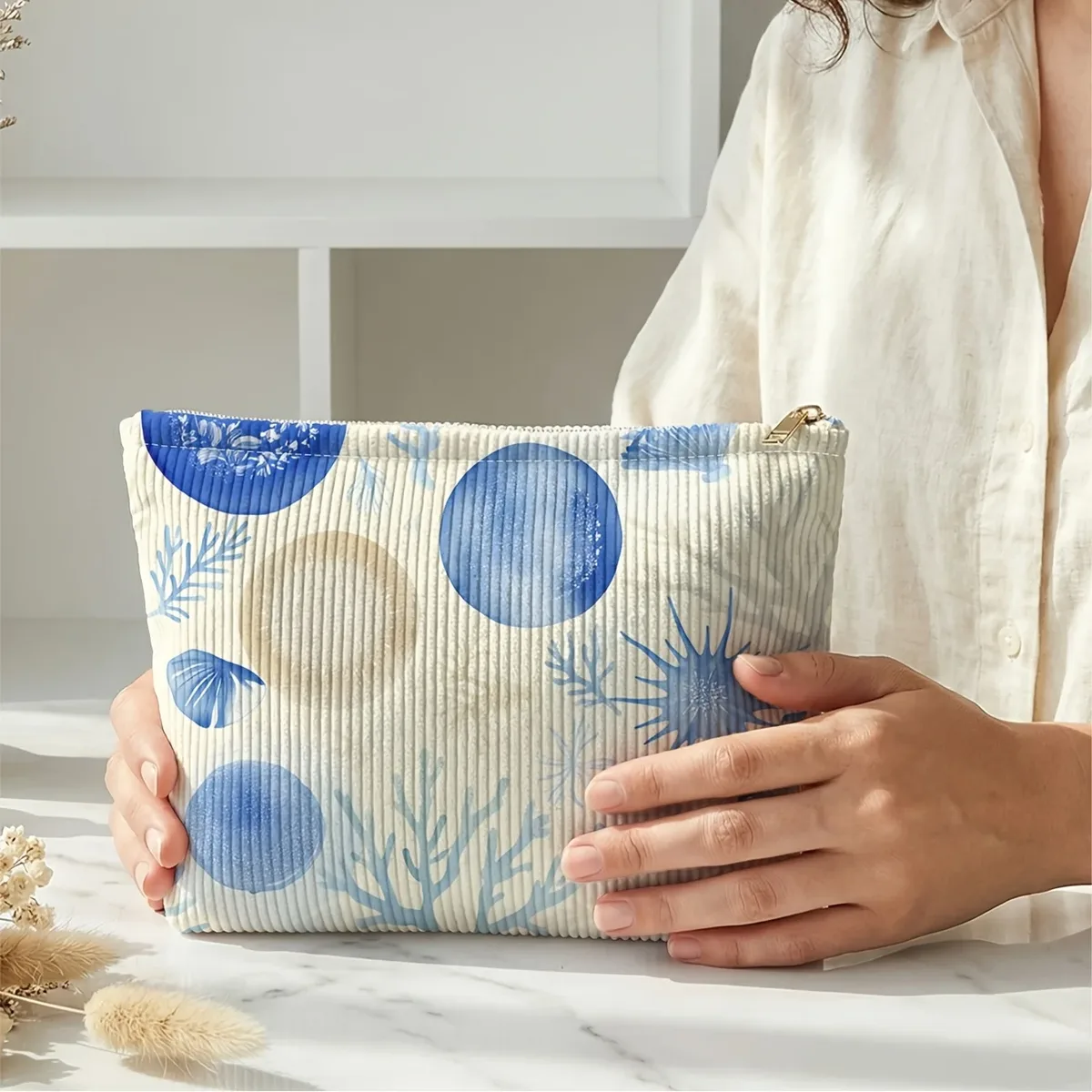 trousse de maquillage imprimée motif coquillages et étoiles de mer - pochette de rangement légère à fermeture éclair, unisexe, adaptée aux articles de toilette et aux accessoires