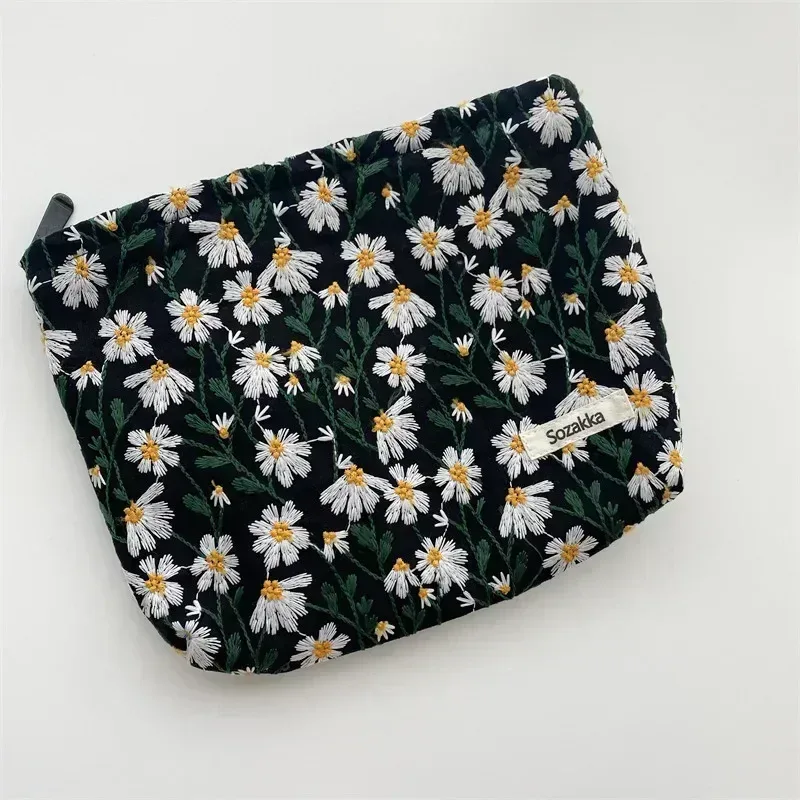 sac à cosmétiques pour femmes, pochette brodée marguerite florale, trousse de toilette de voyage coréenne, pochette de maquillage de beauté, trousse à crayons organisateur