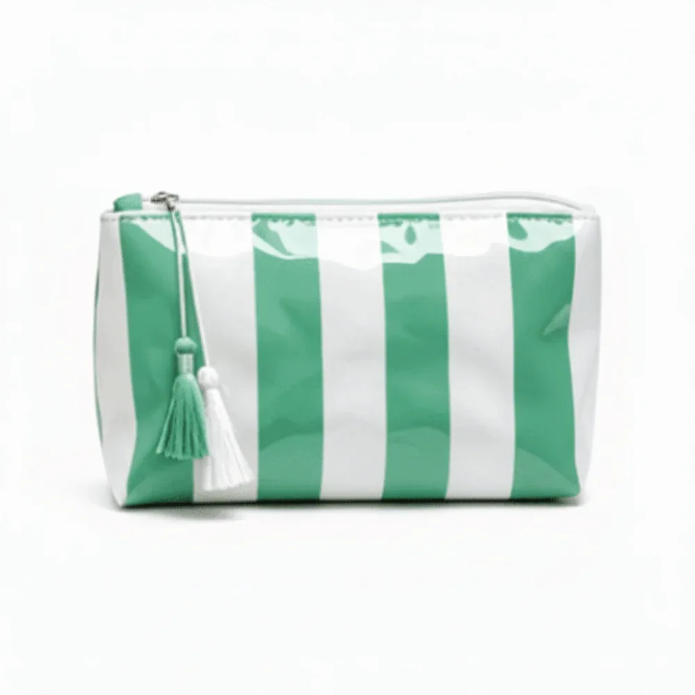 trousse de toilette imperméable rayée grande capacité en polyester avec doublure pvc, sac de rangement de plage simple avec pendentif pompon