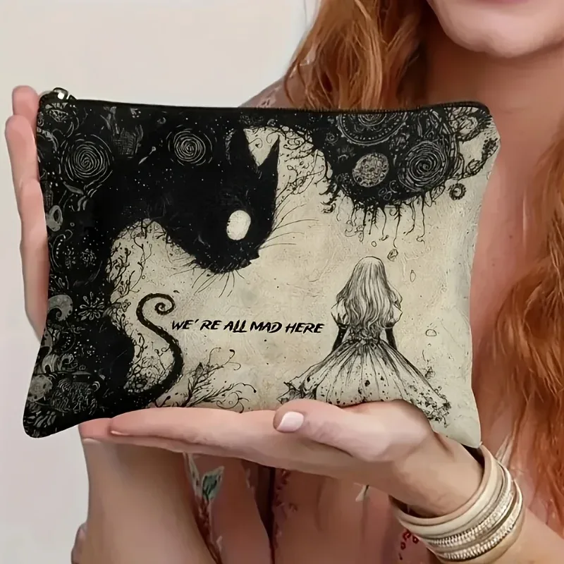 trousse de maquillage avec illustration de chat noir mystique et de fille – conception de conte de fées sombre enchanteresse, pochette de voyage pliable et légère