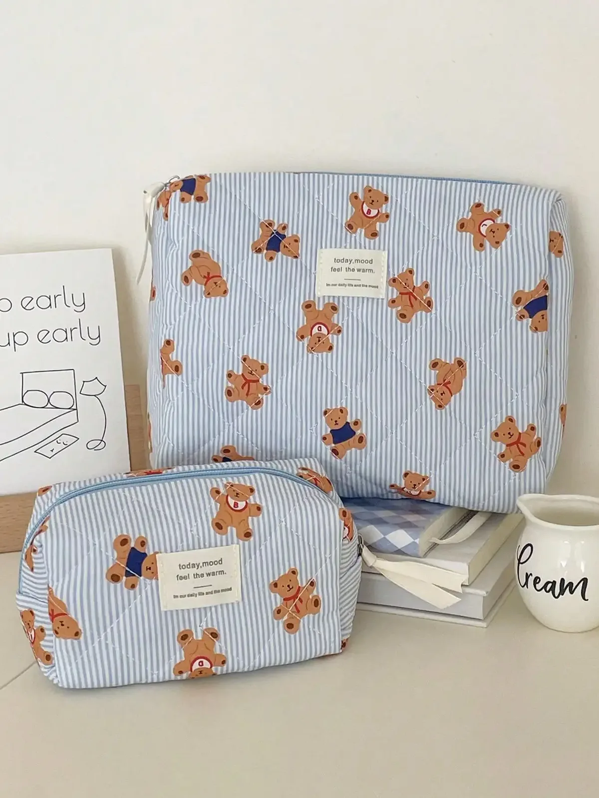 1 pièce/ensemble de trousse de maquillage matelassée ours rayé, trousse de maquillage de rangement portable, trousse de maquillage ours mignon, trousse de maquillage multifonctionnelle
