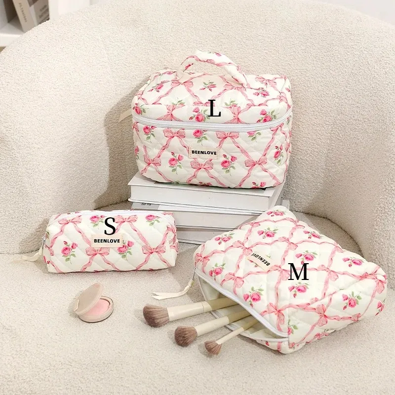 trousse de maquillage de grande capacité, trousse à cosmétiques imprimée de fleurs avec nœud, organisateur de toilette portable à fermeture éclair