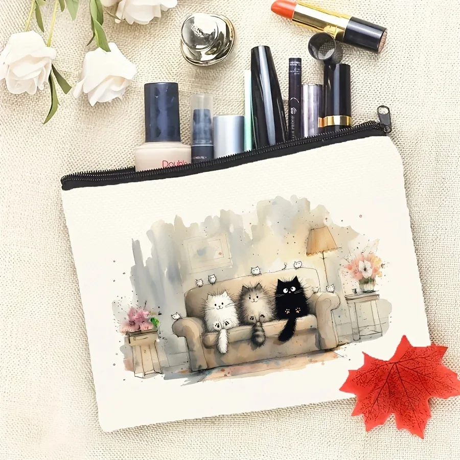 trousse polyester chats scène salon floral bleu noir beige voyage cosmétiques toile légère pliante