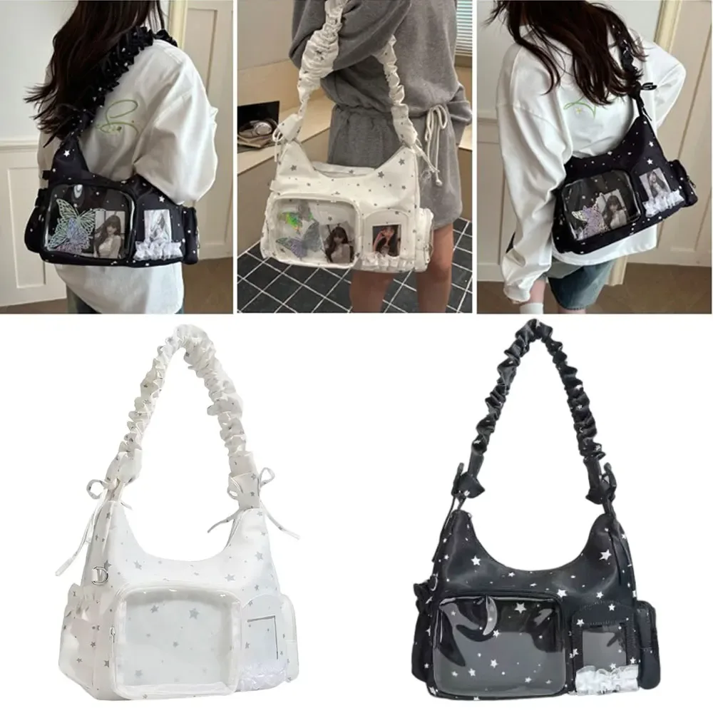 sac à bandoulière plissé à volants avec fenêtre transparente, motif étoile, pour cartes photo d'idols kpop, sac décontracté