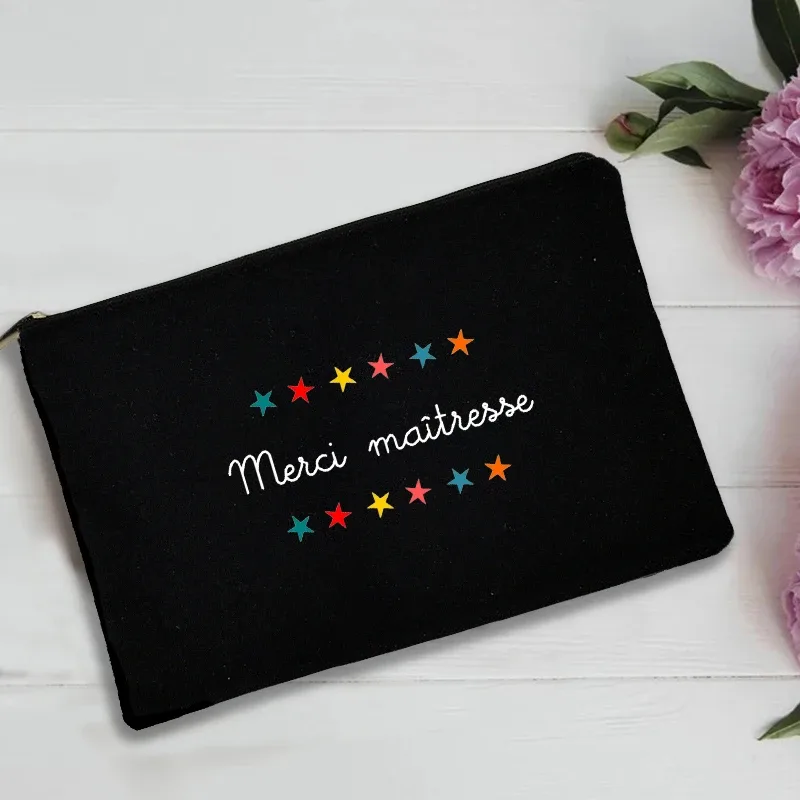 trousse de toilette voyage pochette maquillage cadeau maitresse sac de rangement imprimé français pour enseignant, pochette de poignet noire, sac de voyage de lavage, cadeaux pour enseignant, merci maîtresse