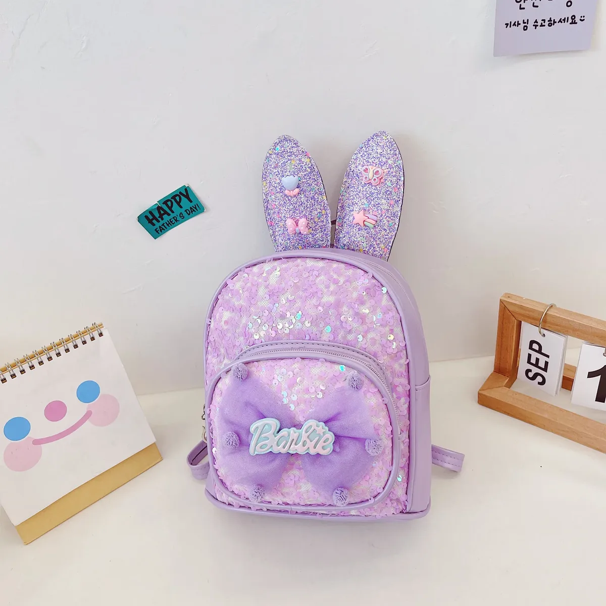 sac à dos brodé de campus de maternelle, sac de dessin animé de princesse à paillettes, sac à dos d'oreille longue à grand nœud mignon personnalisé, sac de collation d'extérieur