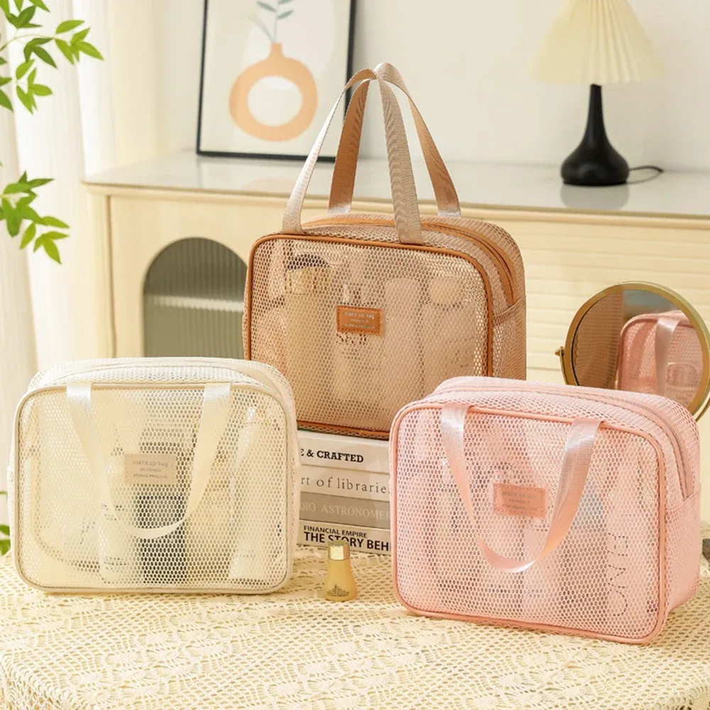 sac de rangement de maquillage fourre-tout transparent en maille simple, sac de toilette pour oreiller, sac de toilette pour cosmétiques, sac de rangement de voyage portable de grande capacité pour femmes