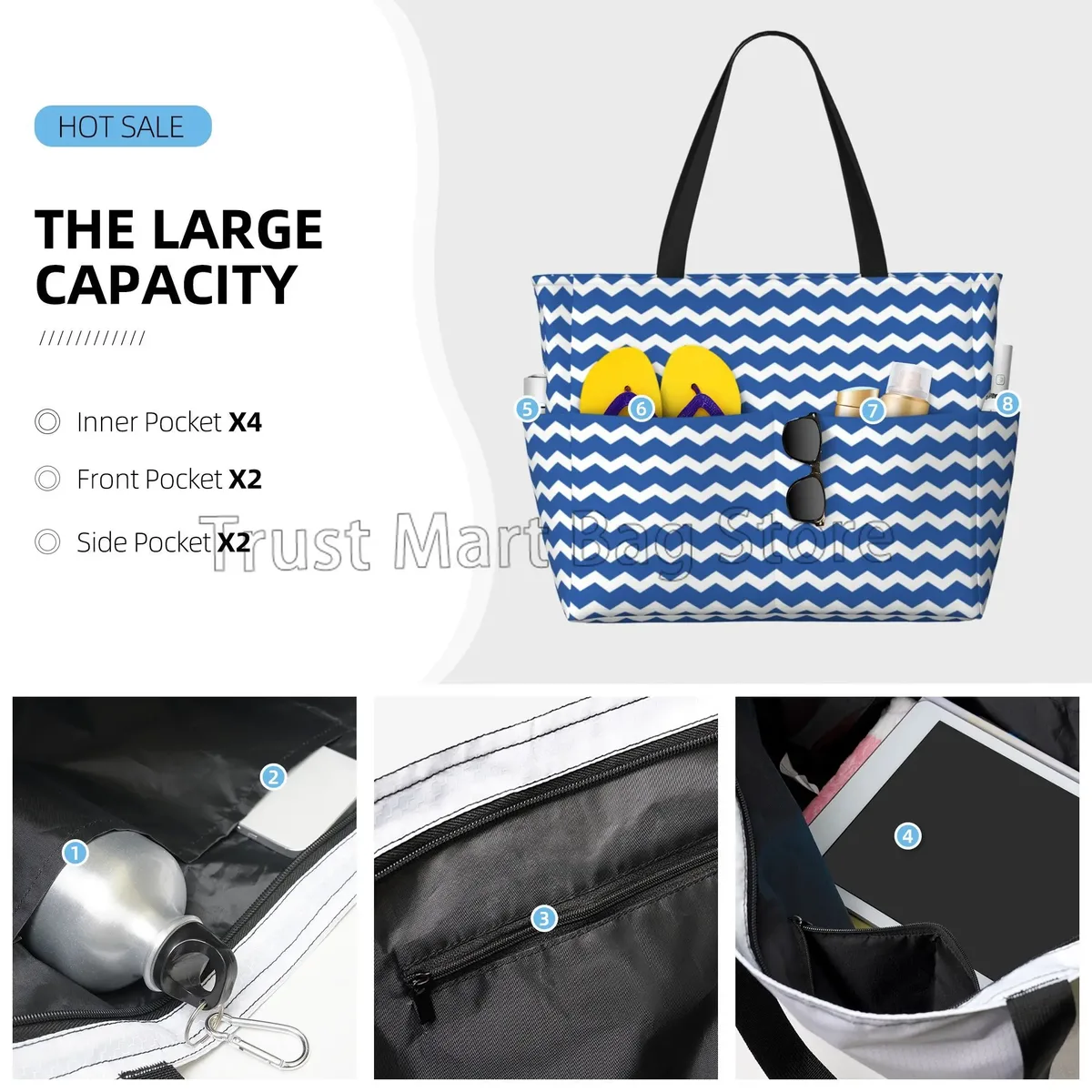 grand sac de plage bleu rayé pour femme, étanche, sac fourre-tout anti-sable, sac de piscine avec fermeture éclair et poches, voyage, vacances, salle de sport