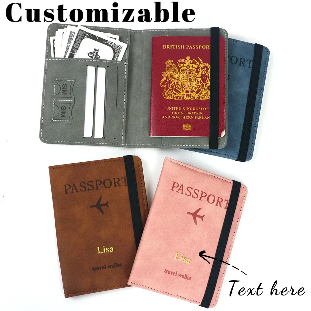 Porte-cartes en cuir PU personnalisé avec nom, porte-passeport, housse de passeport RFID, sac de voyage multifonctionnel, porte-documents