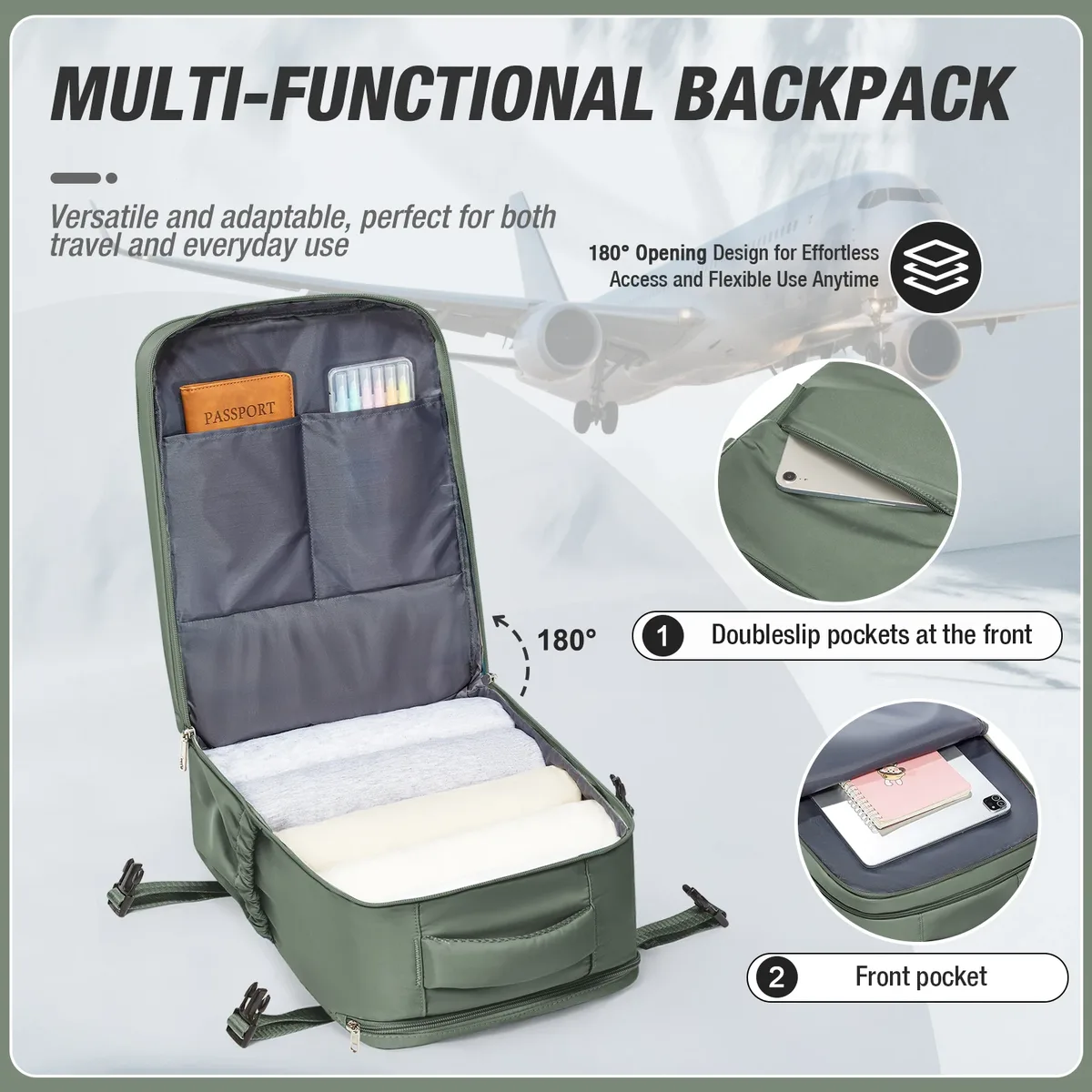 sac dos nylon unisexe vert olive poche limon compartiment ordinateur portable ceinture air voyage décontracté