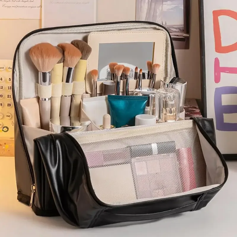 sac à cosmétiques imperméable de grande capacité avec miroir, organisateur de rangement de maquillage de voyage pour femmes【smq】