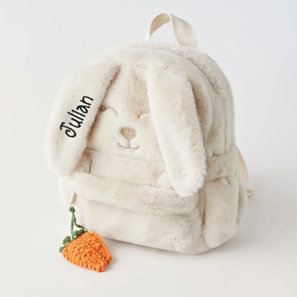 sac à dos en peluche beige personnalisé pour femme et enfant, carotte mignonne, lapin face ear, sac cadeau brodé avec nom