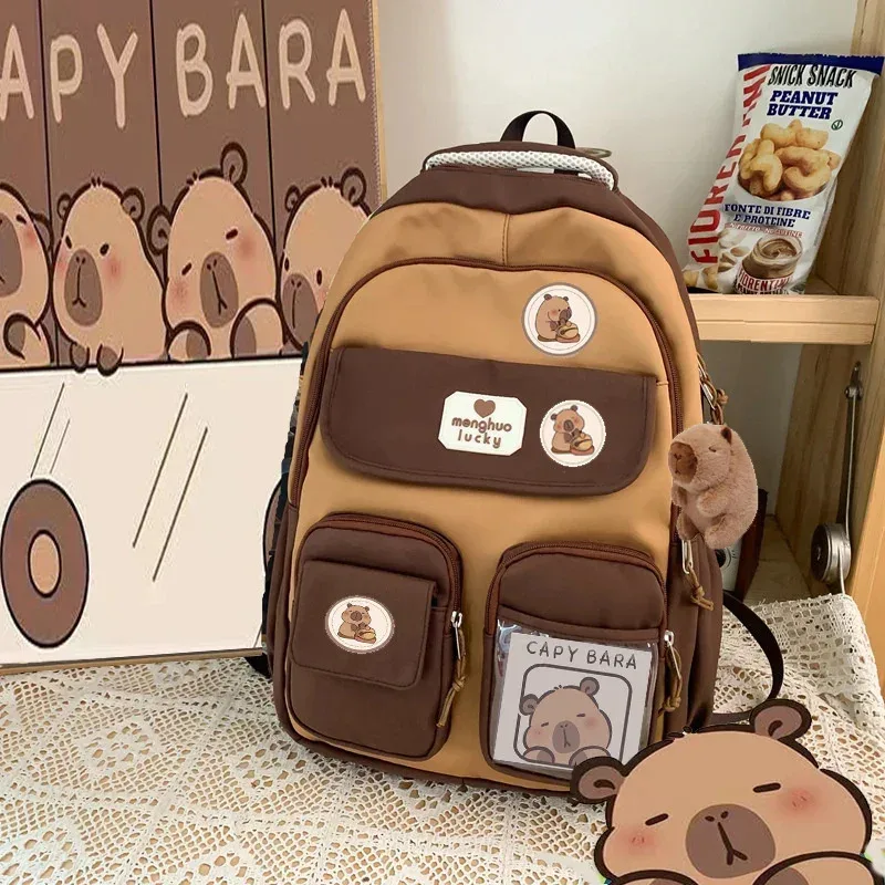 sac dos nylon beige accents marron blanc motifs ours poches multiples étudiant voyage décontracté