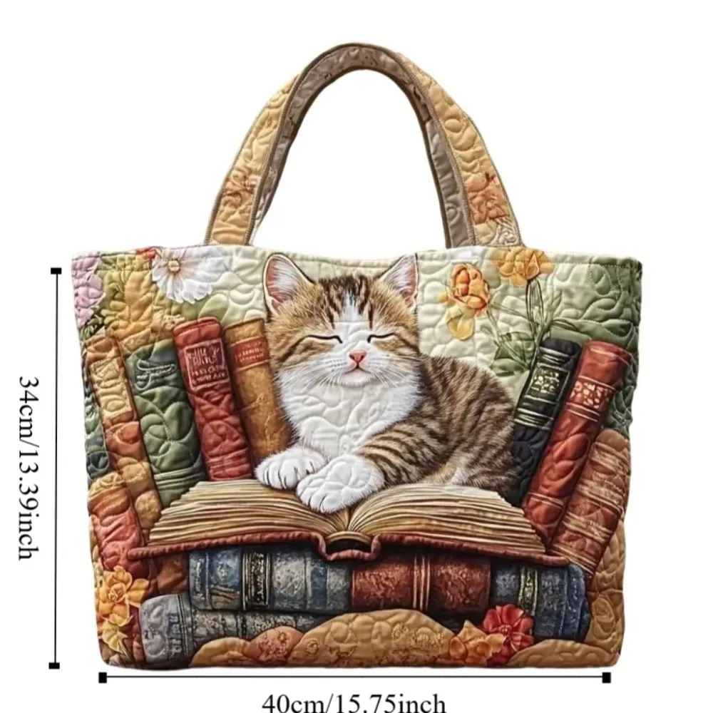 sac fourre-tout matelassé à motifs de chats pour femmes, sac à bandoulière en toile légère vintage, sac de voyage en coton de grande capacité pour femme et fille