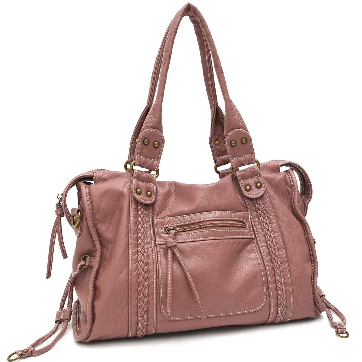 vintage lavé en cuir pu grande capacité fourre-tout poches zippées tresse décor épaule sac à bandoulière unisexe femmes voyage quotidien sac à main