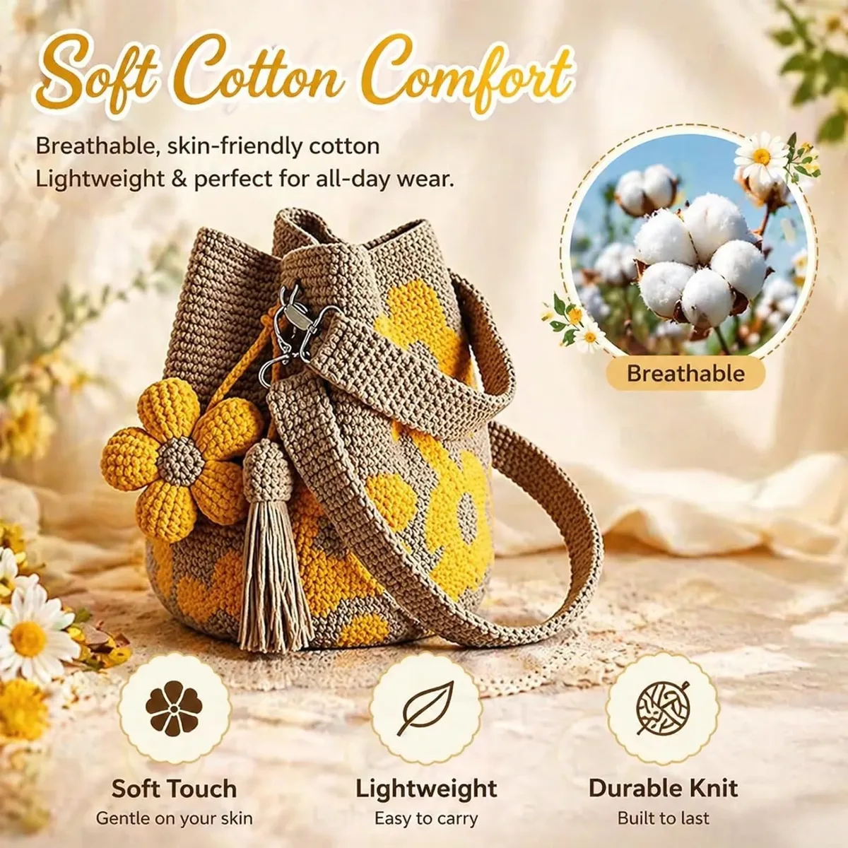 sac fourre-tout en crochet fait main avec fleurs, sac à main floral tricoté, sac de plage tissé style bohème