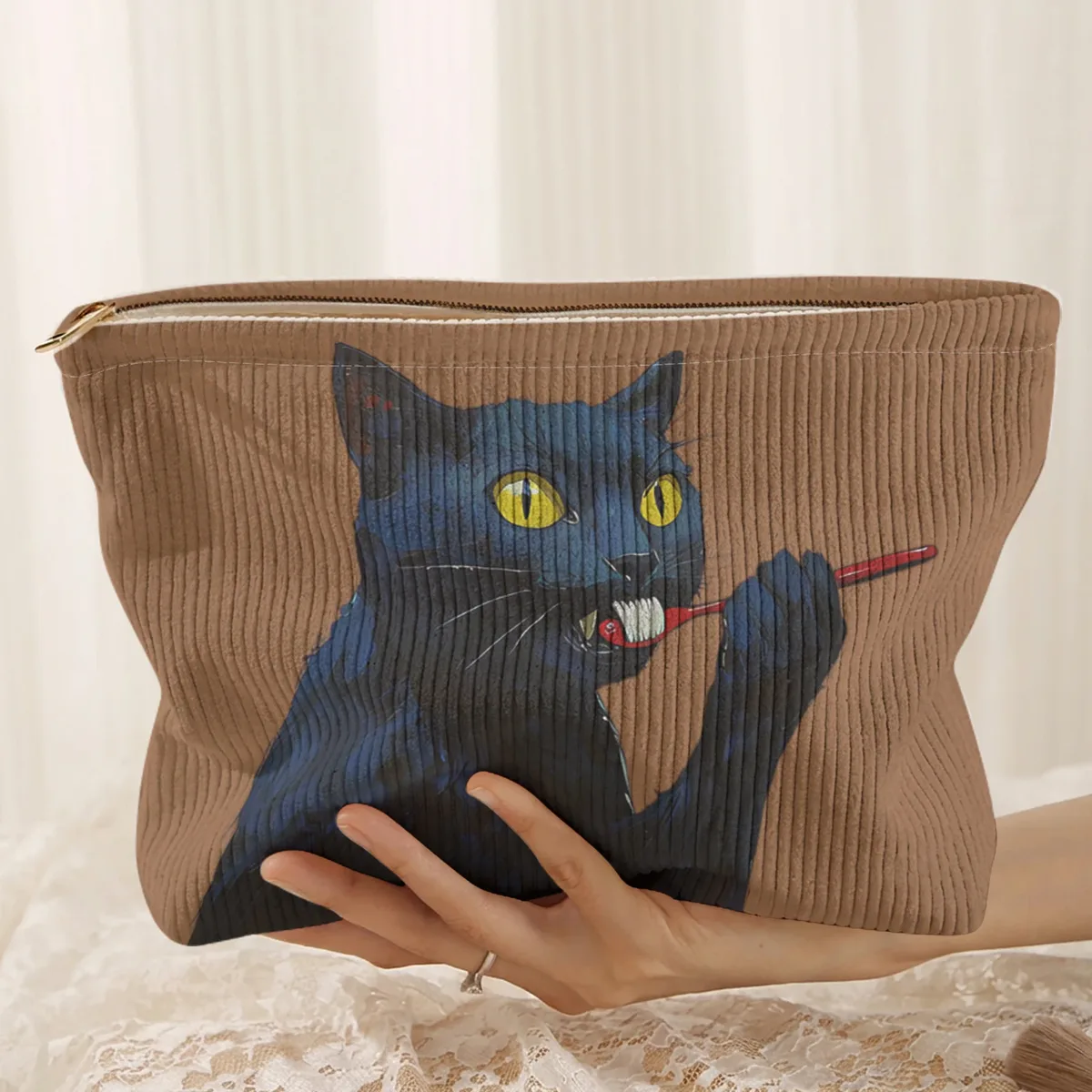 1 pièce, trousse de maquillage en velours côtelé à motif de chat noir, boîte de rangement légère à fermeture éclair, sac multifonctionnel avec doublure