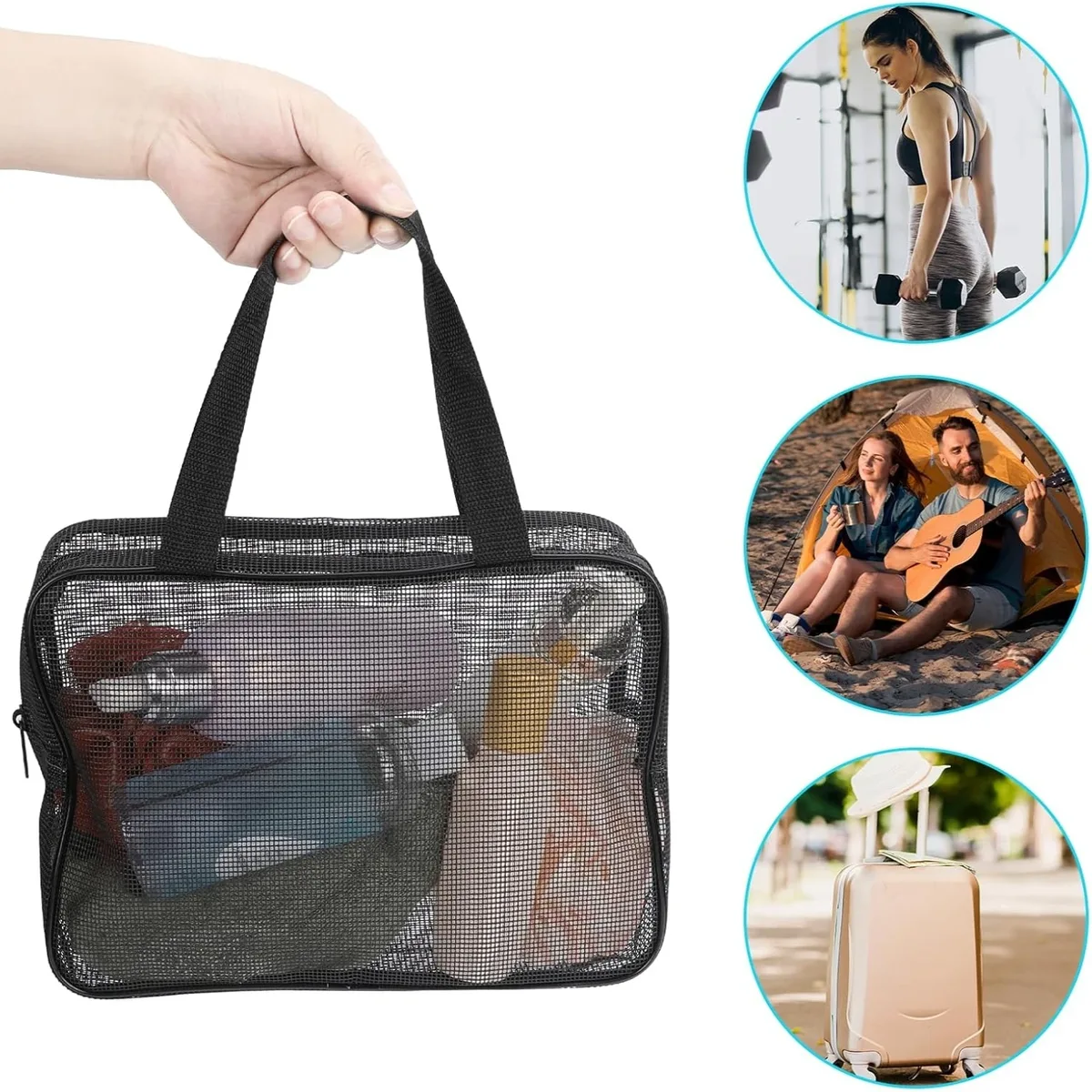 sac de sport et de natation de grande capacité, sac de douche en maille, sac de rangement portable pour articles de toilette, adapté à la plage