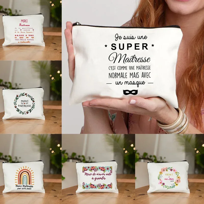 pochette à cosmétiques imprimée maîtresse de remerciement français, trousse de toilette, trousse de maquillage pour femme, sac de rangement portable, meilleur cadeau pour enseignant