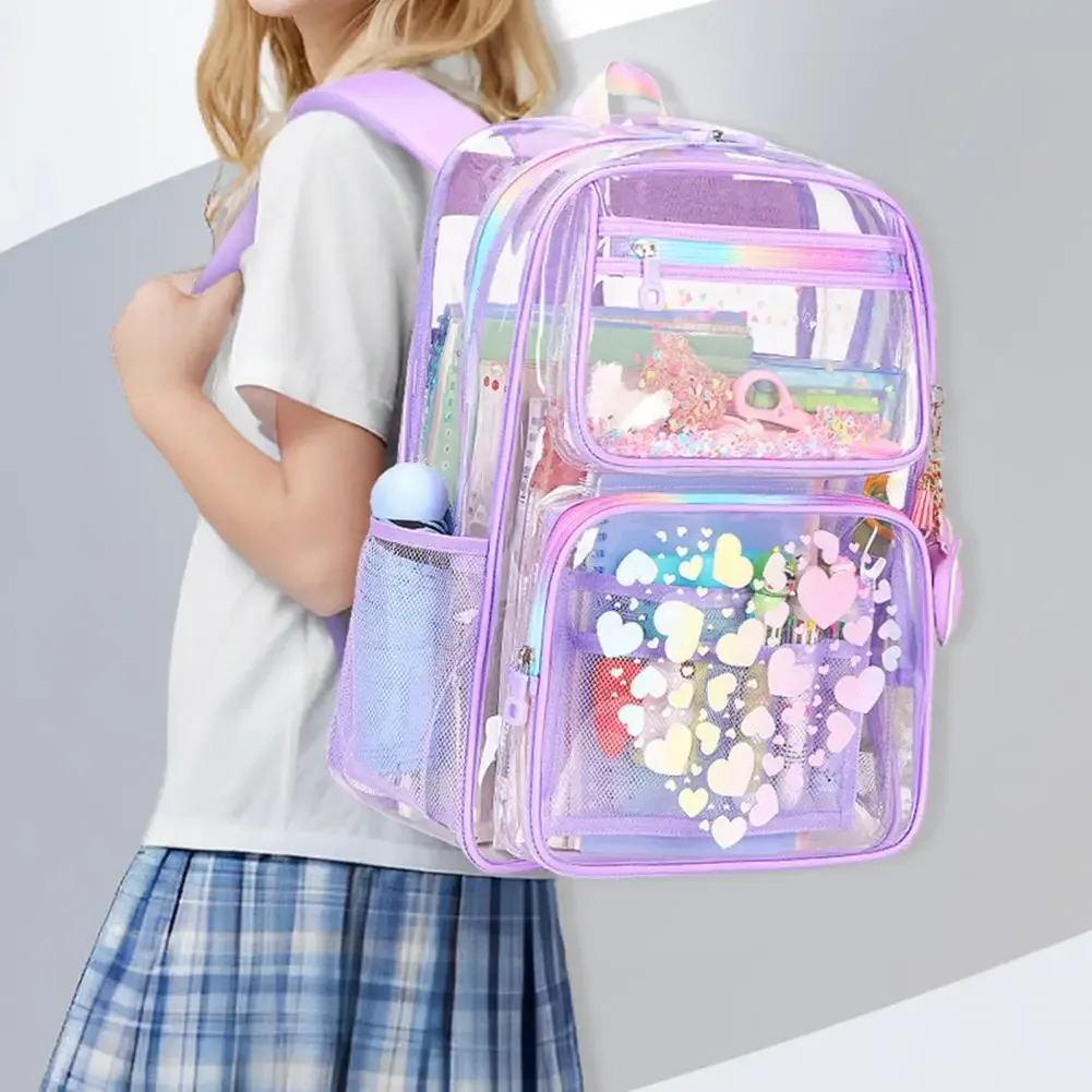 Sac à dos transparent pour l'école, sac à dos imperméable avec imprimés en forme de cœur, compartiment principal, poches avant à fermeture éclair pour garçons et filles