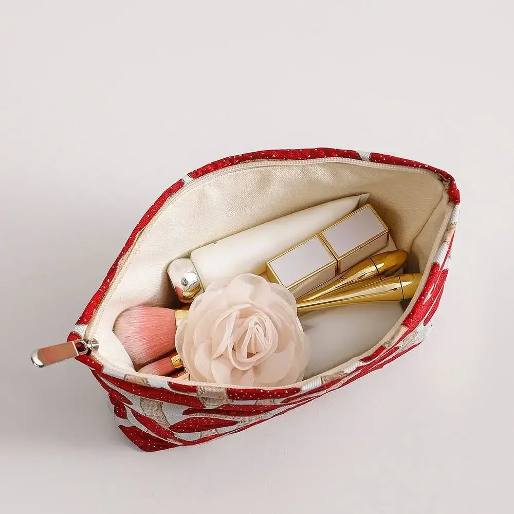 sac de maquillage en toile simple, sac de rangement de lavage imprimé champignon rouge, sac à main portable de taille m/l, rangement de produits de soins de la peau
