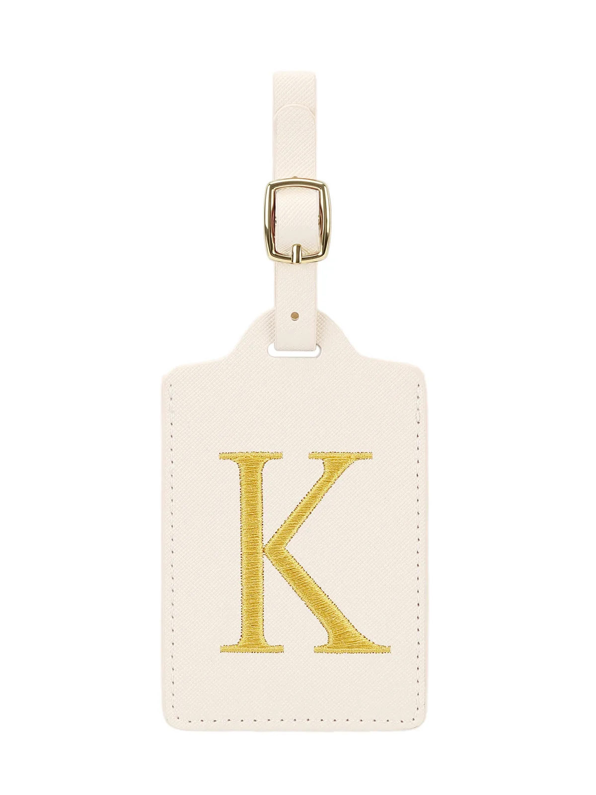 étiquette bagage polyester lettre dorée cuir blanc rectangulaire identification voyage unisexe alphabet fixation anneau métallique