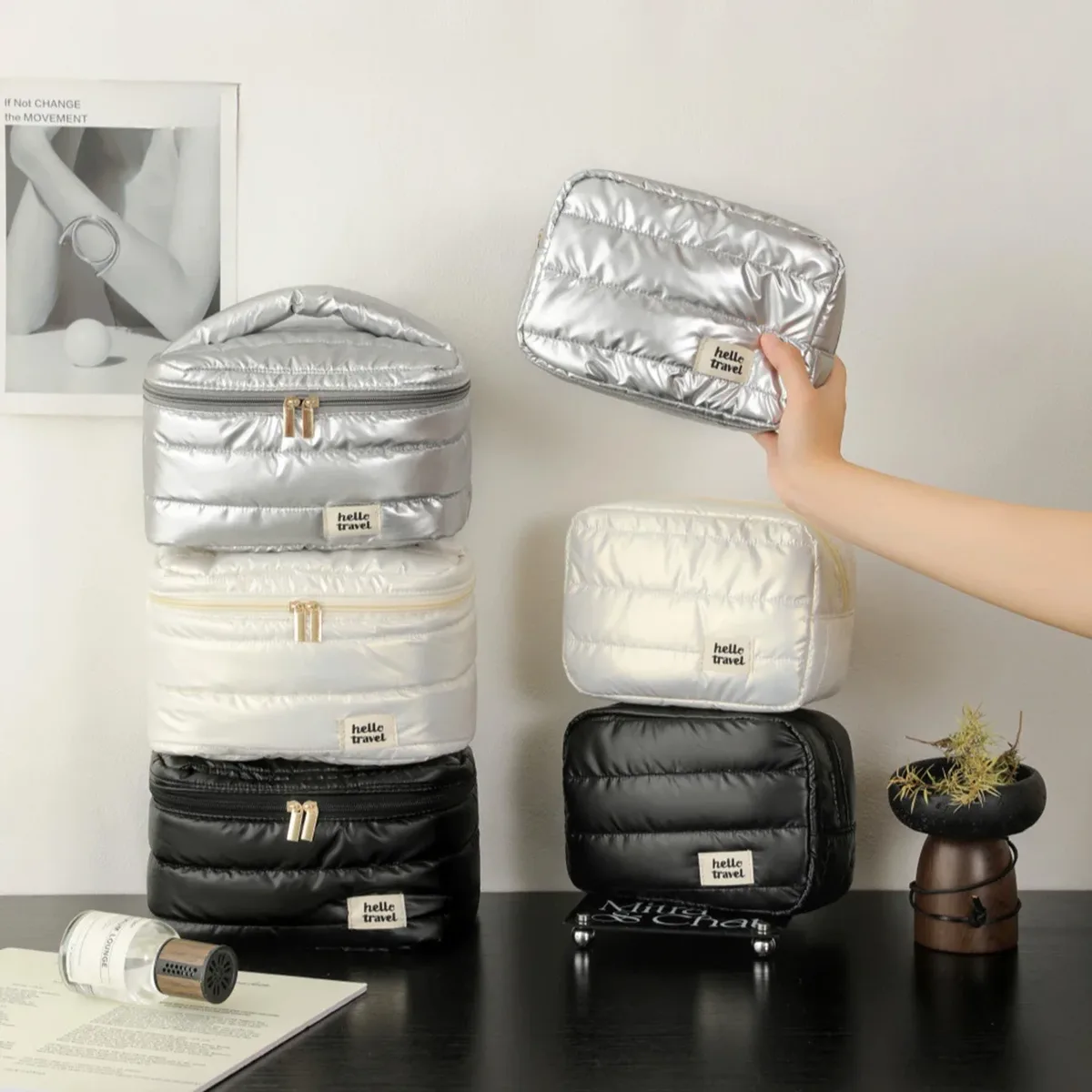 trousse de maquillage puffer, organisateur de voyage, sac de rangement cosmétique léger avec fermeture éclair, trousse de toilette portable pour femmes