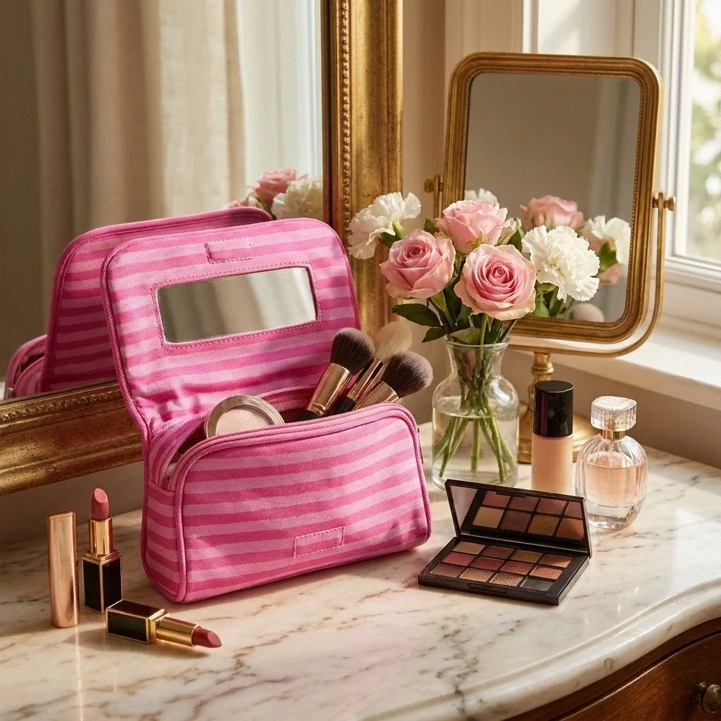 grande trousse de maquillage rayée avec miroir, portable, pliable, à fermeture éclair, organisateur de rangement de beauté pour femmes en voyage.