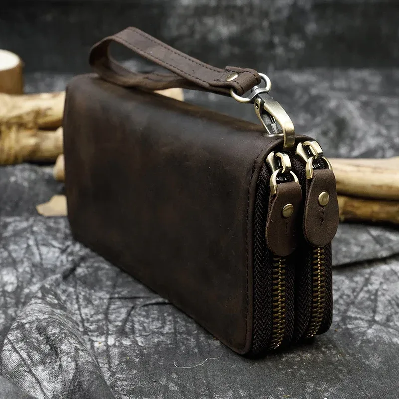 Luufan-Long sac à main en cuir de cheval vintage pour hommes et femmes, portefeuilles à double fermeture éclair pour carte de crédit, pochette pour homme