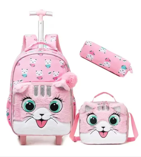 sac à dos scolaire à roulettes, ensemble de 3 pièces, sac à déjeuner, sac à stylos, sac à dos d'école à roulettes pour filles, ensemble de sacs à roulettes avec sac à déjeuner