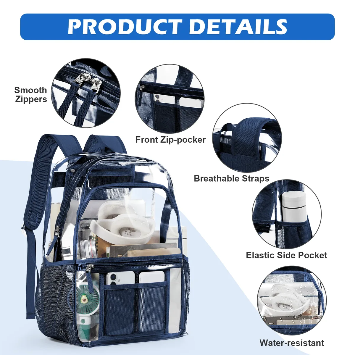 Sac à dos en polyester transparent - Sac à dos transparent élégant pour l'école Sac à dos transparent multi-poches Sac esthétique moderne décontracté 